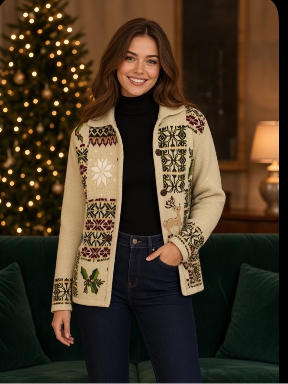 Christmas Cadigan with Reindeer - Snowflake Patterns Cardigan Size L